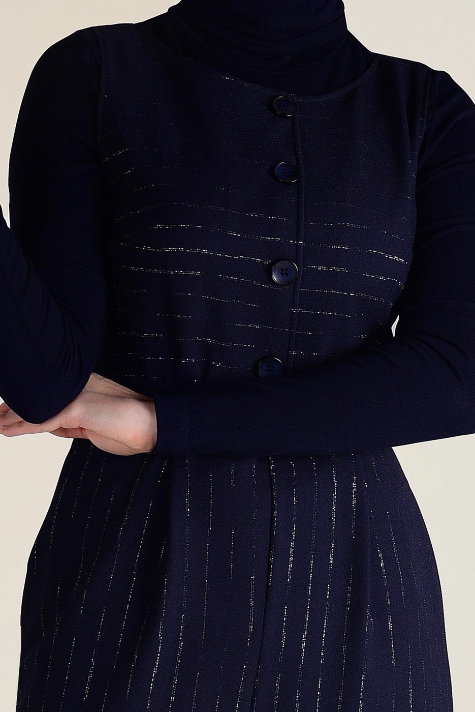 Tesettür giyim LACİVERT ALVİNA KEMERLİ ÇİZGİLİ İKİLİ TULUM T 4573