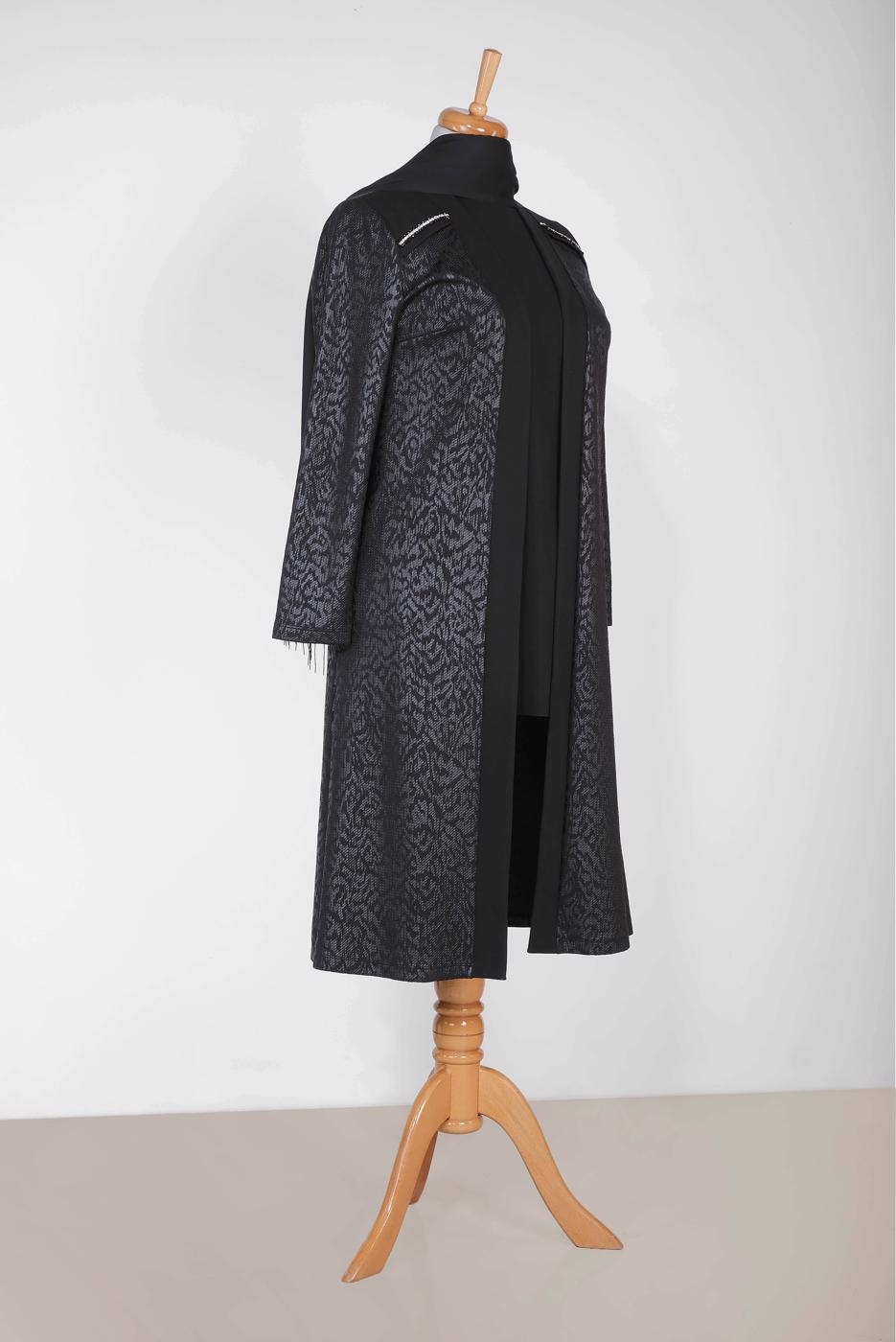 Tesettür giyim SİYAH ALVİNA OMUZLARI TAŞ BASKI DETAYLI DESENLİ 2′Lİ TUNİK 2854-1	