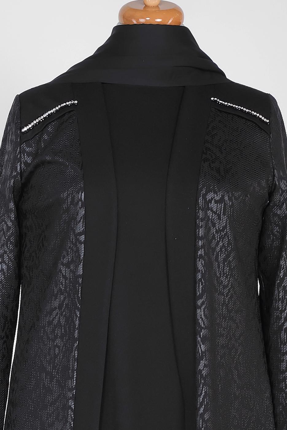 Tesettür giyim SİYAH ALVİNA OMUZLARI TAŞ BASKI DETAYLI DESENLİ 2′Lİ TUNİK 2854-1	