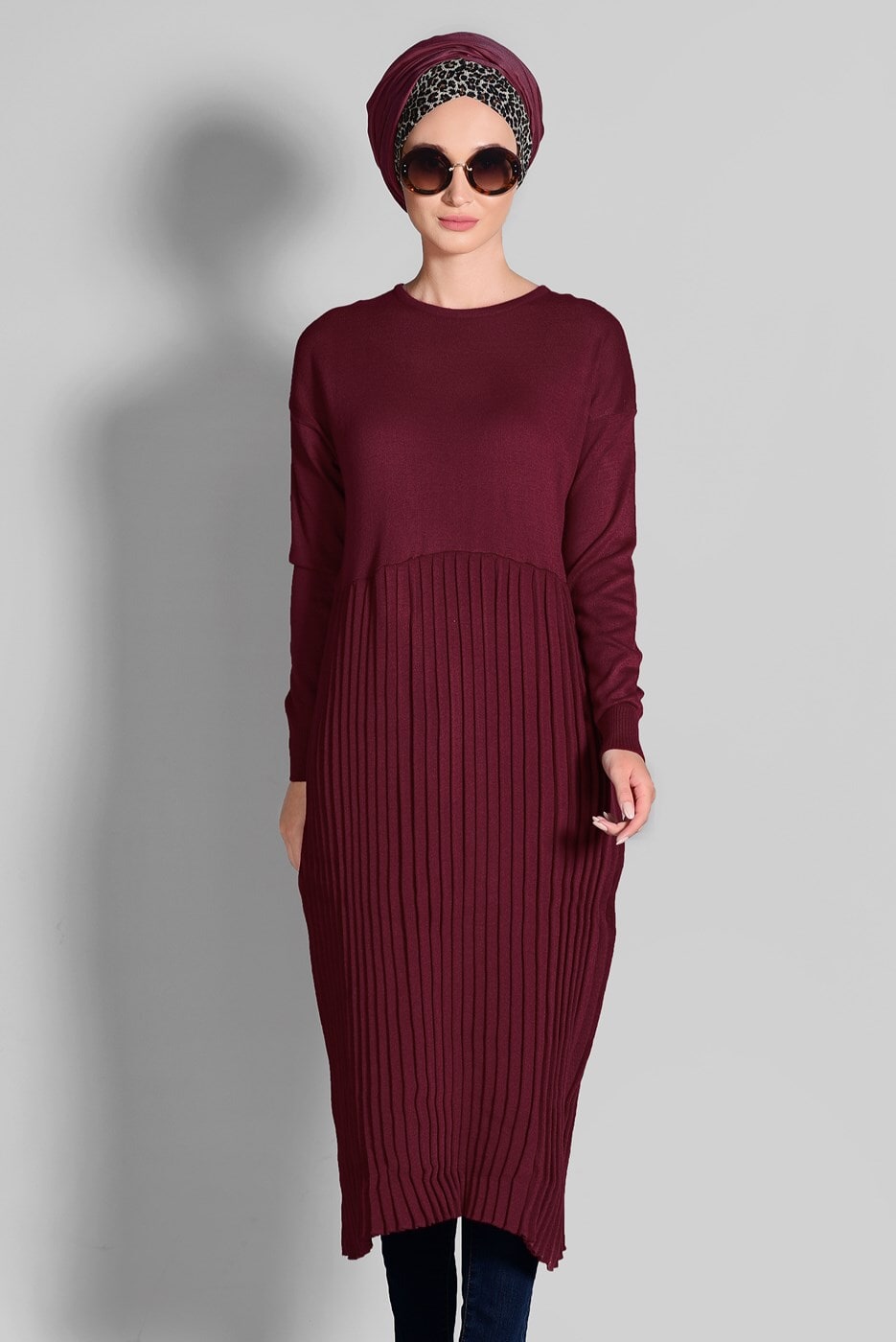 Tesettür giyim BORDO PİLELİ TRİKO TUNİK 02415 