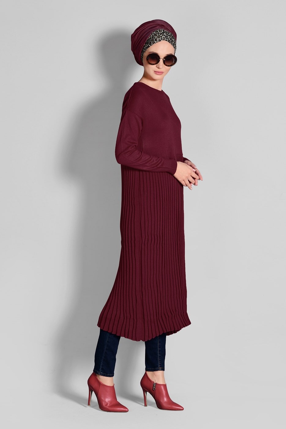 Tesettür giyim BORDO PİLELİ TRİKO TUNİK 02415 