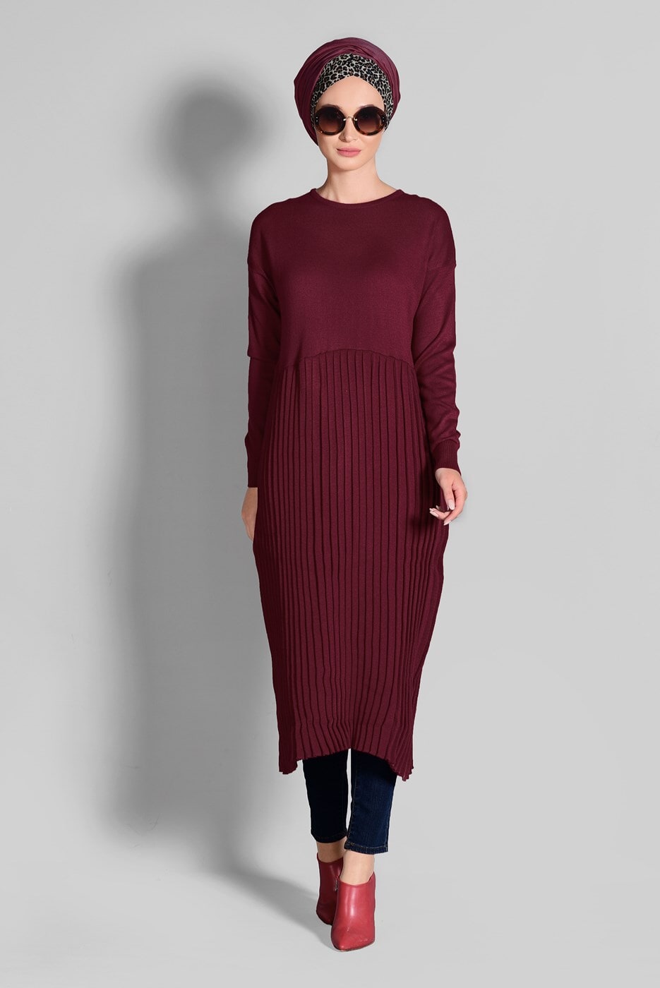 Tesettür giyim BORDO PİLELİ TRİKO TUNİK 02415 