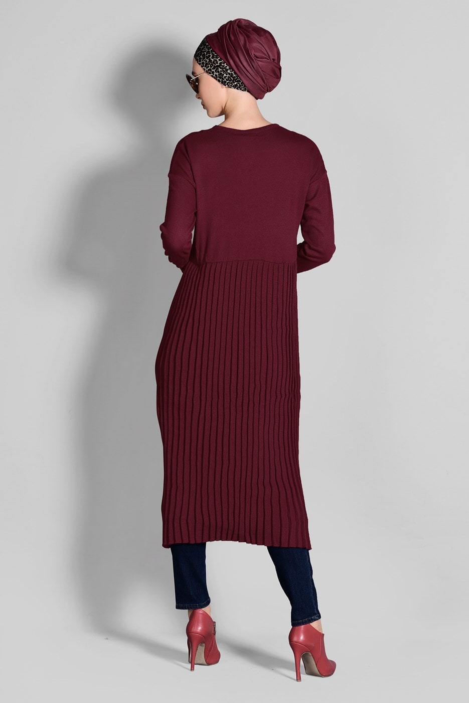 Tesettür giyim BORDO PİLELİ TRİKO TUNİK 02415 