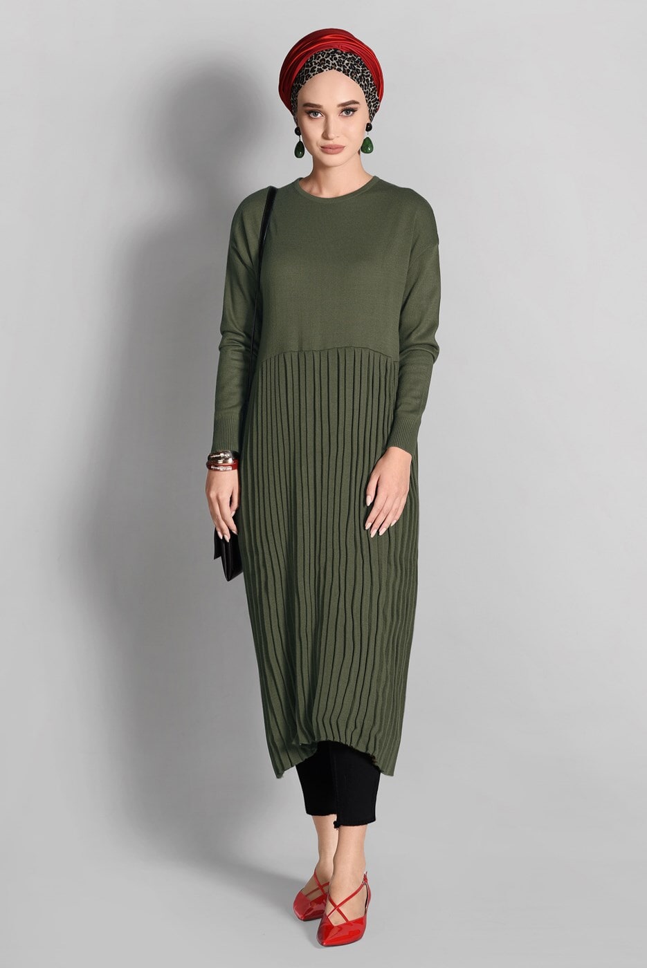 Tesettür giyim HAKİ PİLELİ TRİKO TUNİK 02415 