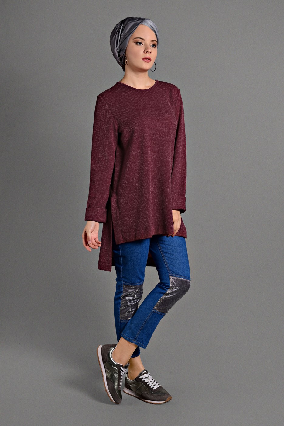 Tesettür giyim KIRMIZI DUBLE KOL DETAYLI TRİKO TUNİK 06971 