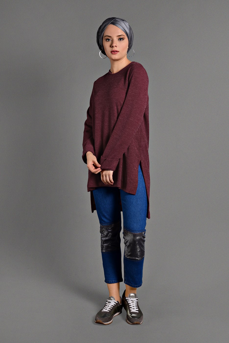 Tesettür giyim KIRMIZI DUBLE KOL DETAYLI TRİKO TUNİK 06971 