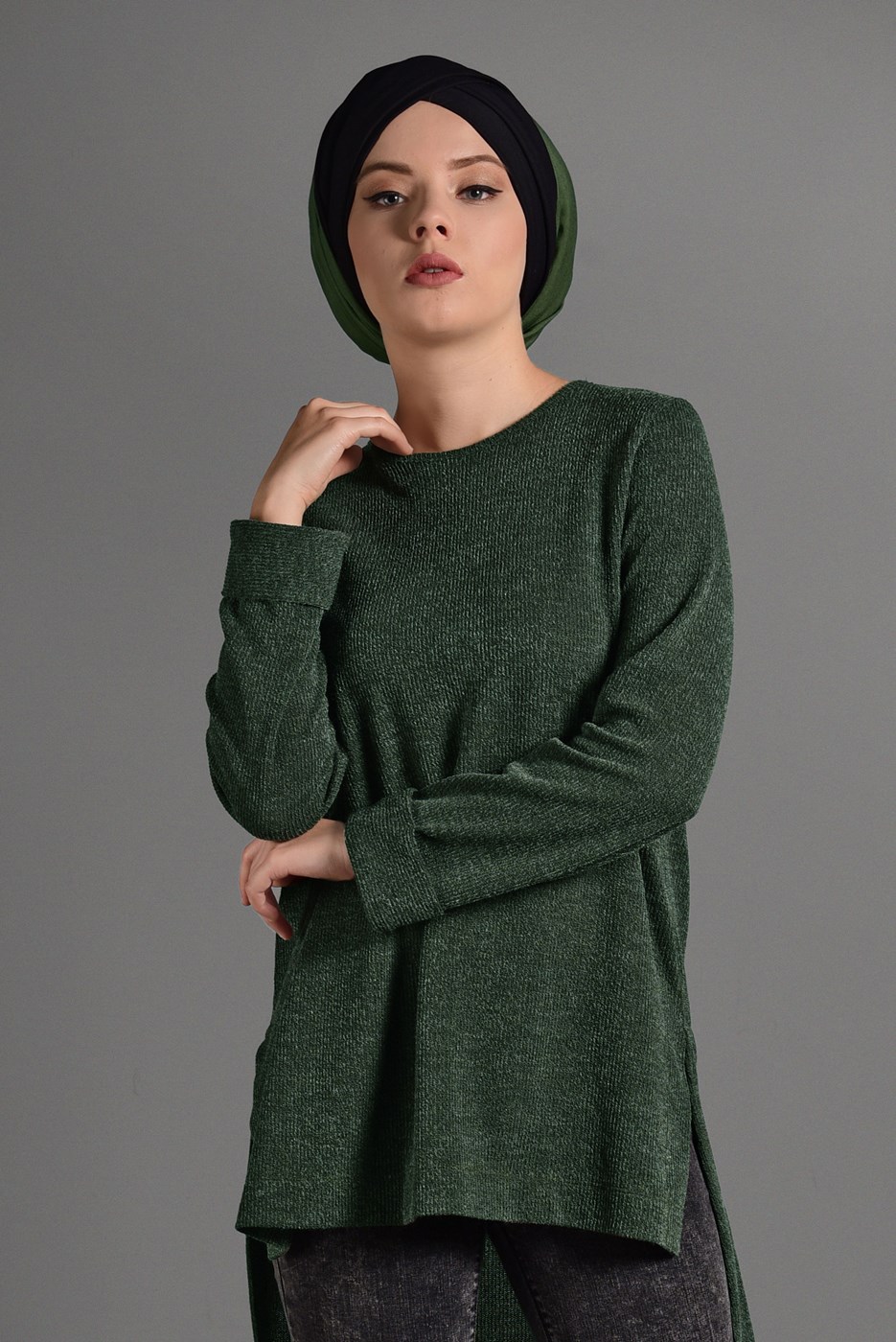 Tesettür giyim HAKİ DUBLE KOL DETAYLI TRİKO TUNİK 06971 