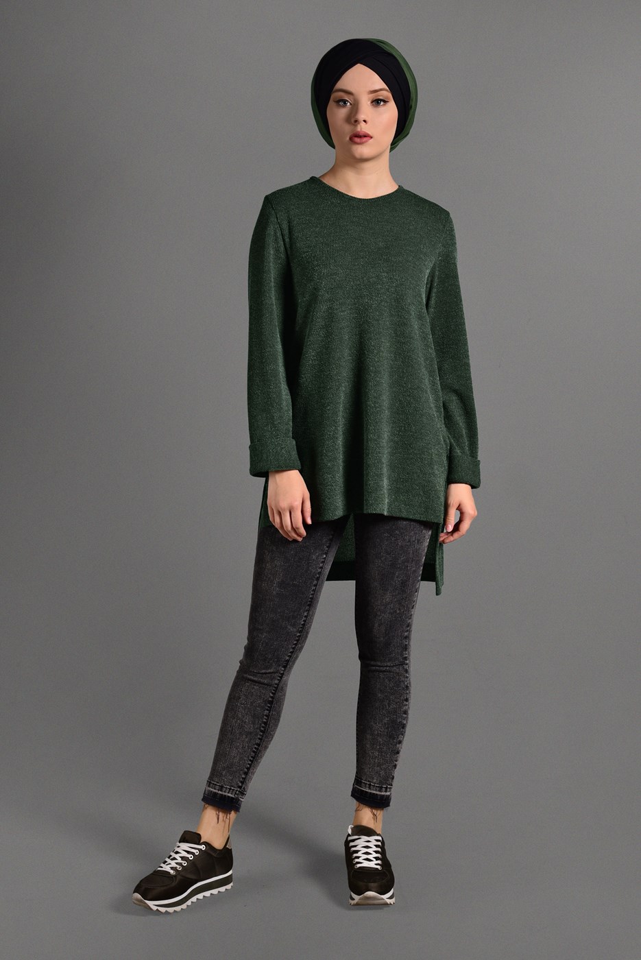 Tesettür giyim HAKİ DUBLE KOL DETAYLI TRİKO TUNİK 06971 