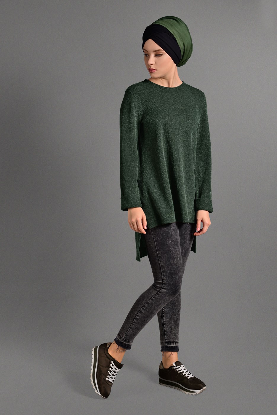 Tesettür giyim HAKİ DUBLE KOL DETAYLI TRİKO TUNİK 06971 