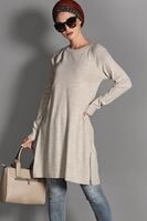 Tesettür giyim BEJ YANLARI YIRTMAÇLI TRİKO KAZAK 15315