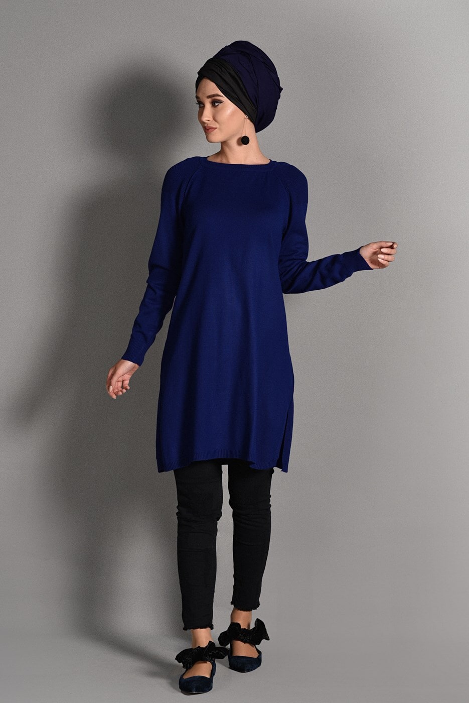 Tesettür giyim MAVİ YANLARI YIRTMAÇLI TRİKO KAZAK 15315
