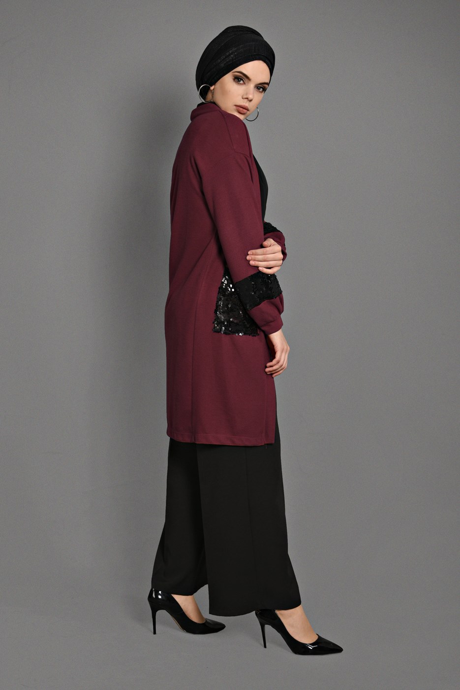 Vêtements hijab ROUGE BORDEAUX TUNIQUE EN TRICOT À SEQUINS 18102 