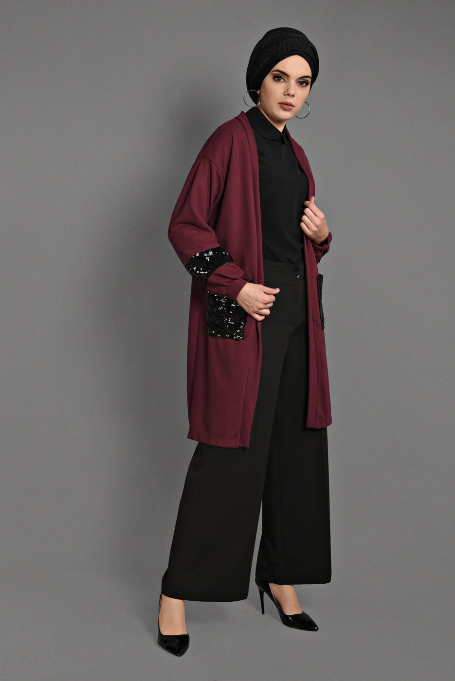 Vêtements hijab ROUGE BORDEAUX TUNIQUE EN TRICOT À SEQUINS 18102 