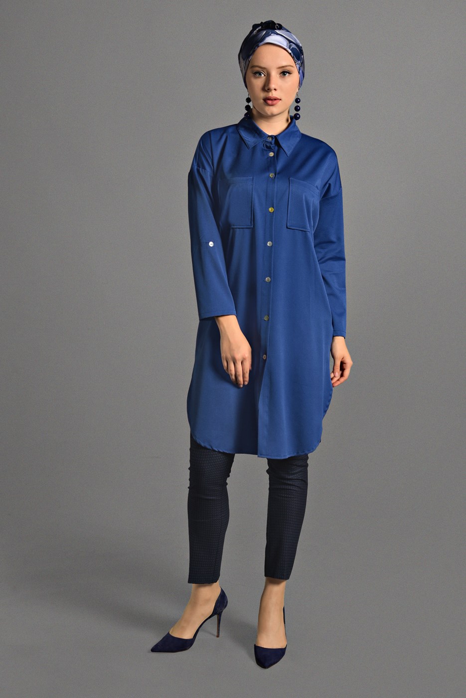 Vêtements hijab BLEU MARINE TUNIQUE À COL CHEMISE À BOUTONNÉ 65102