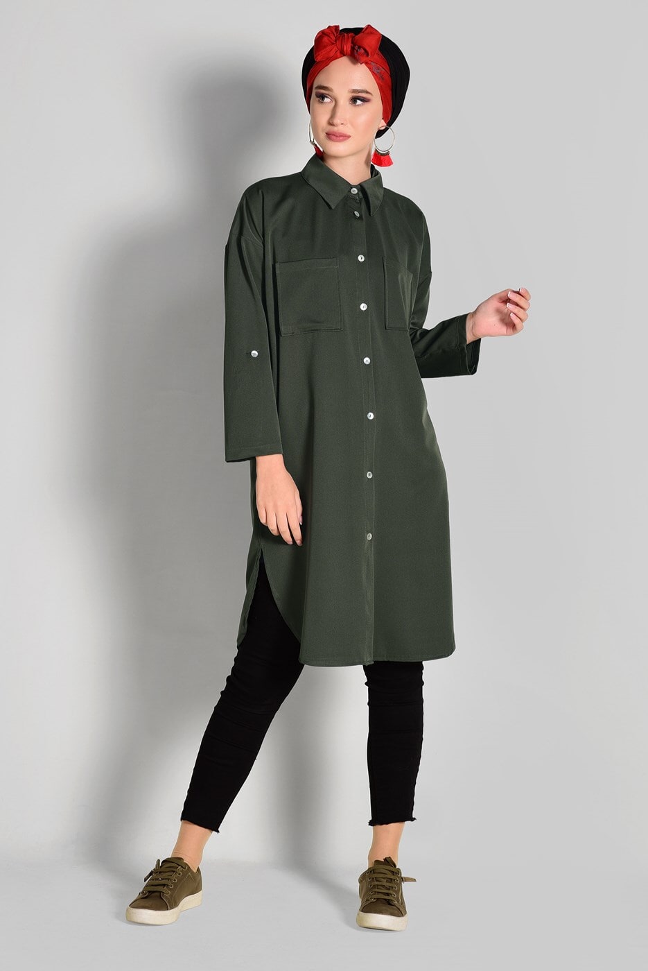 Hijab clothing KHAKI BUTTONED SHIRT-COLLAR TUNIC WITH POCKETS 65102 