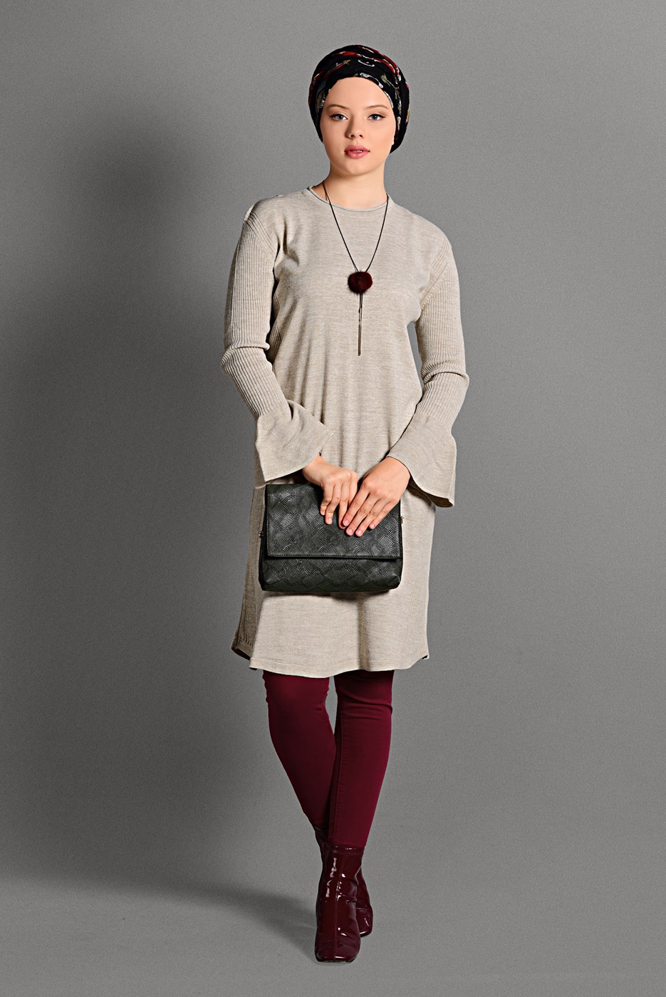 Tesettür giyim BEJ VOLANLI TRİKO TUNİK T 96715