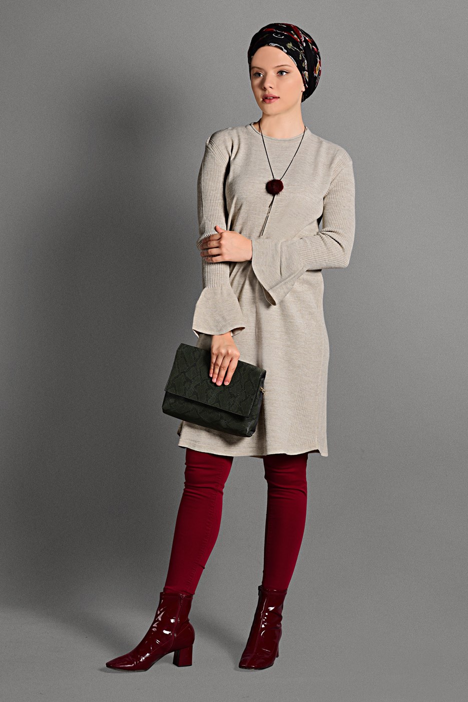 Tesettür giyim BEJ VOLANLI TRİKO TUNİK T 96715