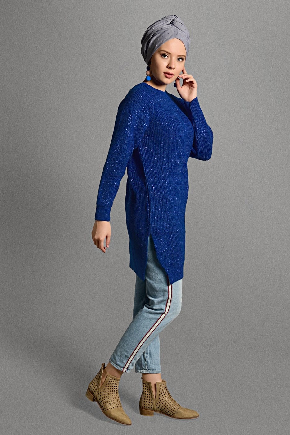 Vêtements hijab BLEU MARINE TUNIQUE BRILLANTE EN TRICOT 0008