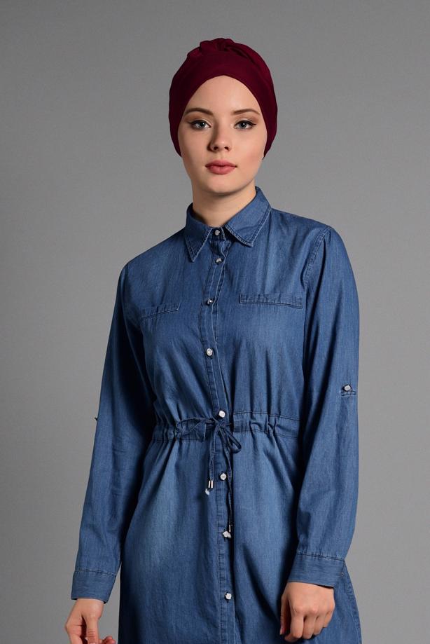 Vêtements hijab  SMOCKED-WAIST DENIM TUNIC 376   - TRENDTESETTÜR