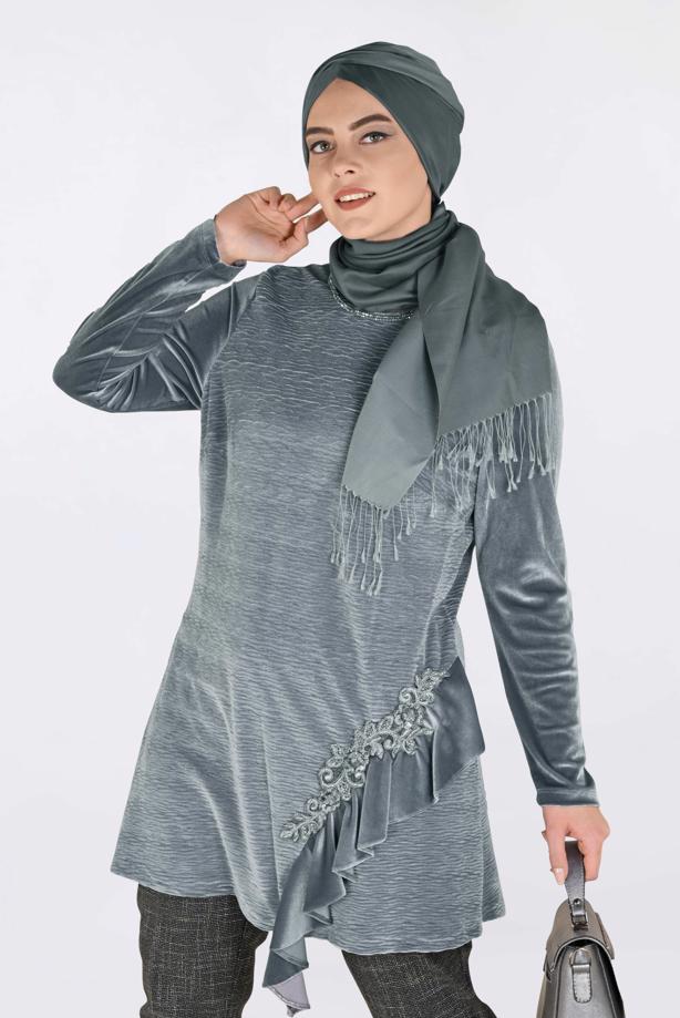 Vêtements hijab GRIS TUNIQUE À RUCHÉE 2756  - TRENDTESETTÜR