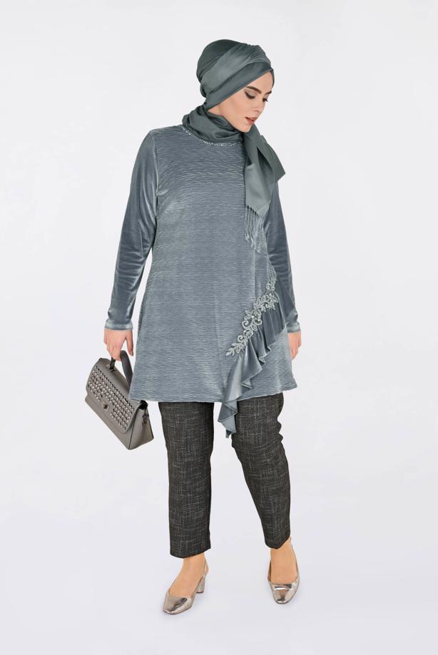 Vêtements hijab GRIS TUNIQUE À RUCHÉE 2756  - TRENDTESETTÜR