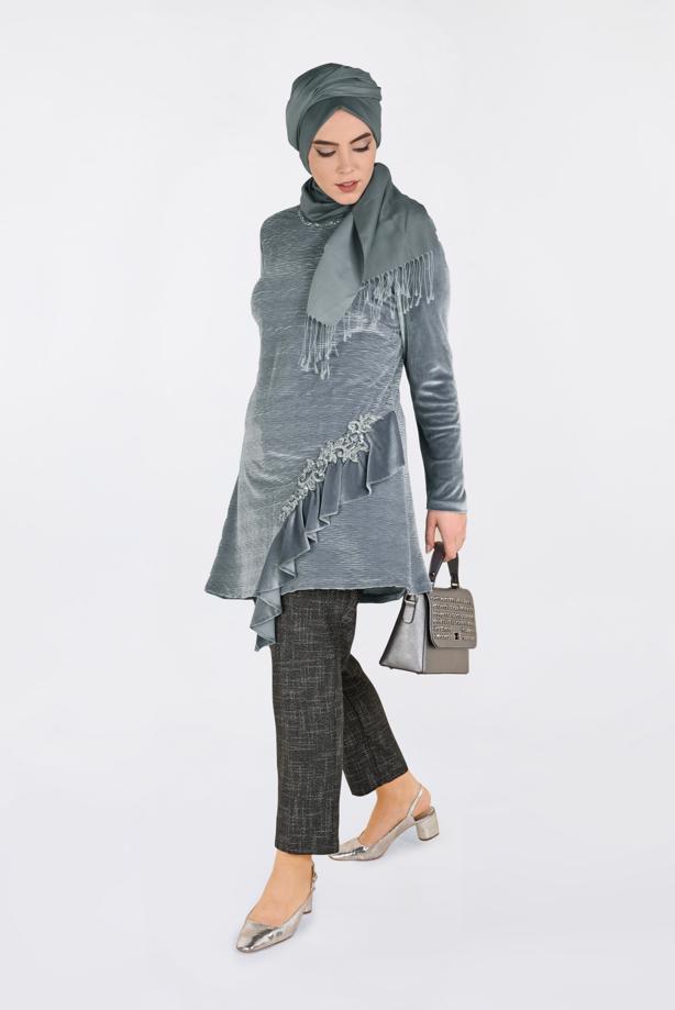 Vêtements hijab GRIS TUNIQUE À RUCHÉE 2756  - TRENDTESETTÜR