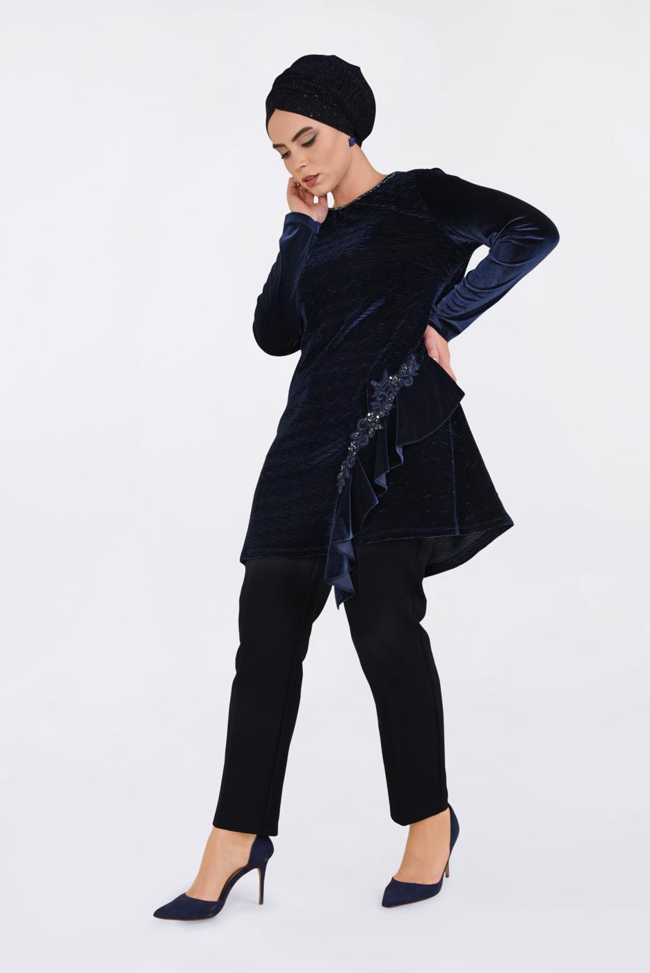 Hijab clothing NAVY BLUE RUFFLED TUNIC 2756 
