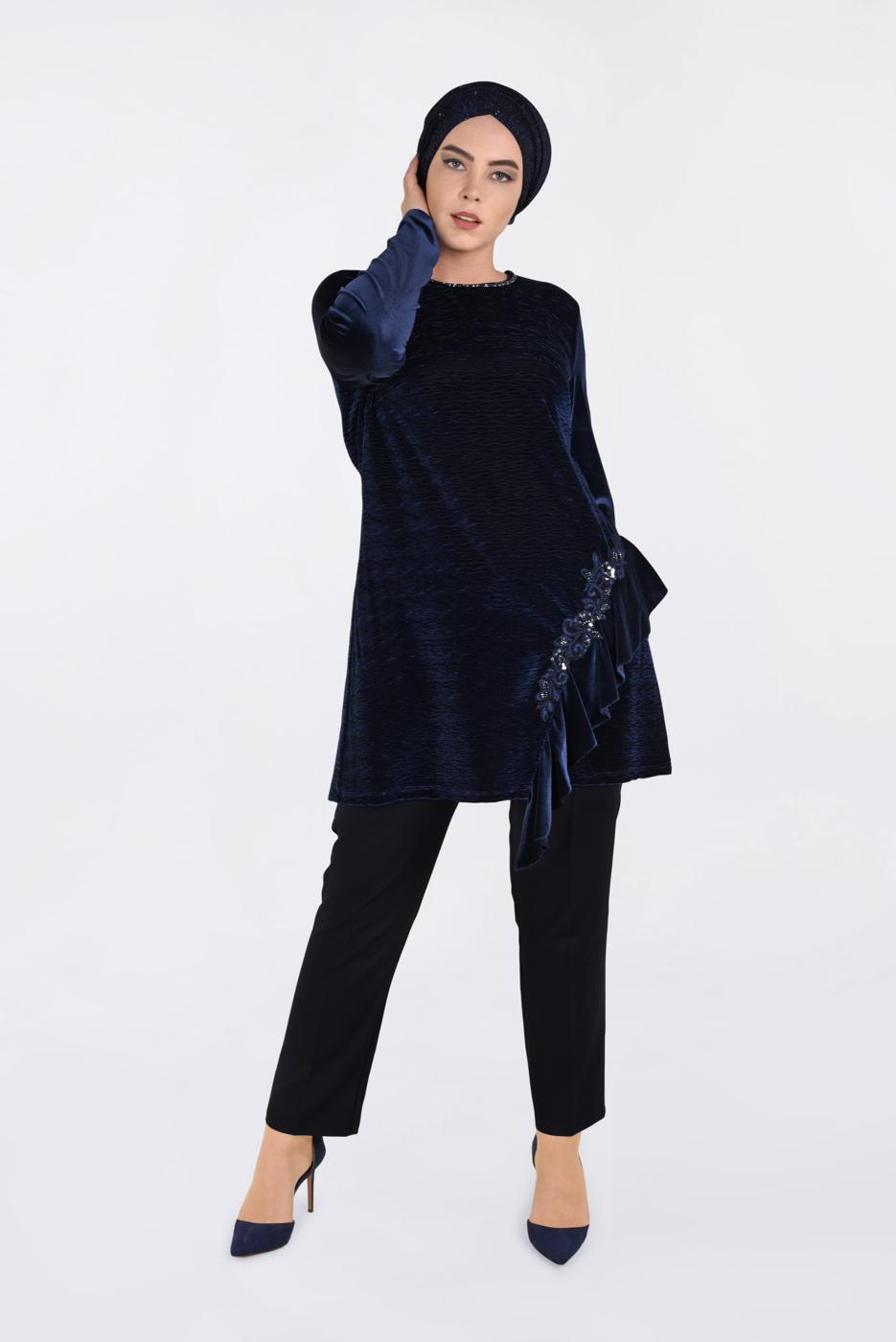 Hijab clothing NAVY BLUE RUFFLED TUNIC 2756 