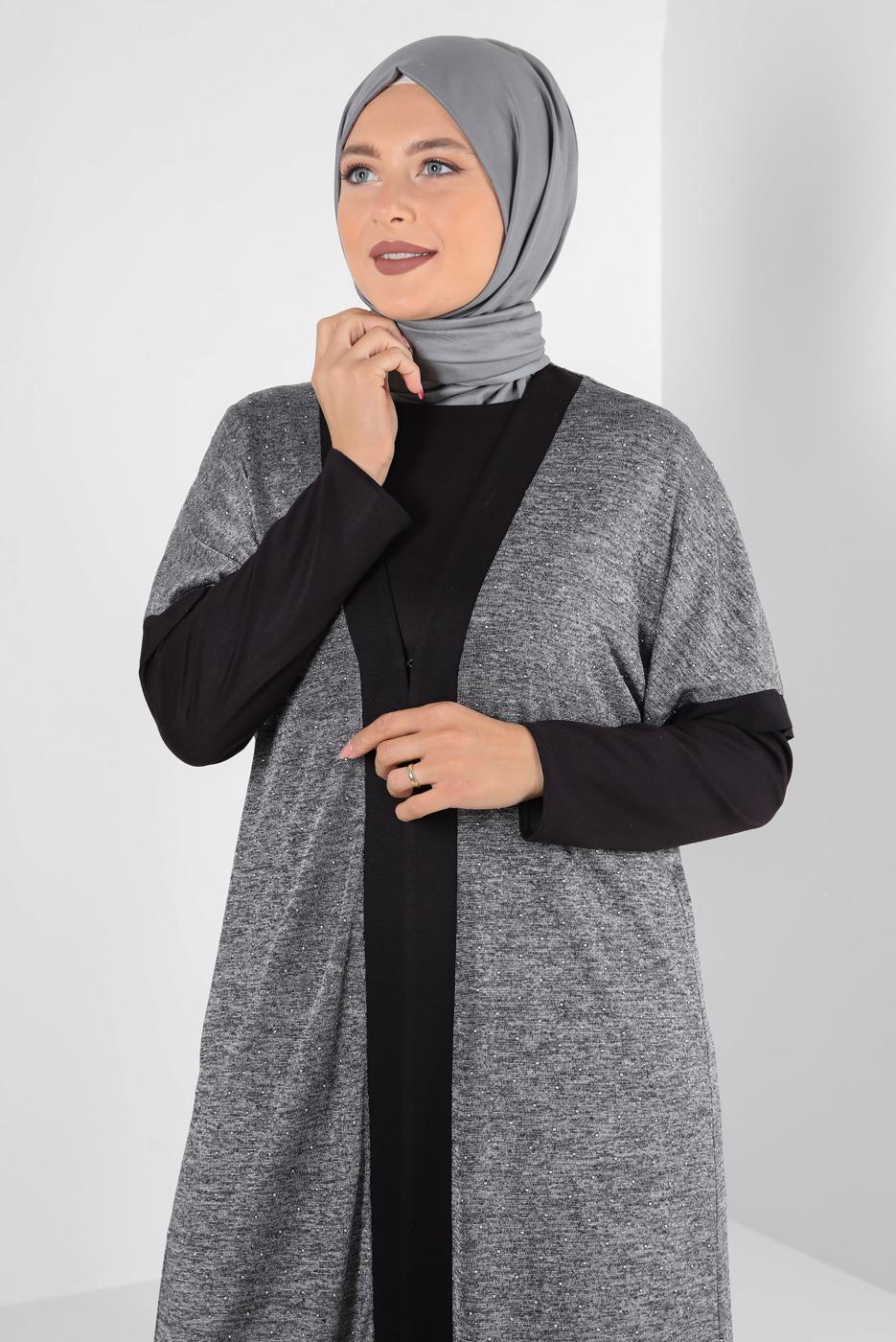 Vêtements hijab GRIS ALVINA TUNIQUE 2 PIÈCES RAYÉES AVEC GILET T 2851