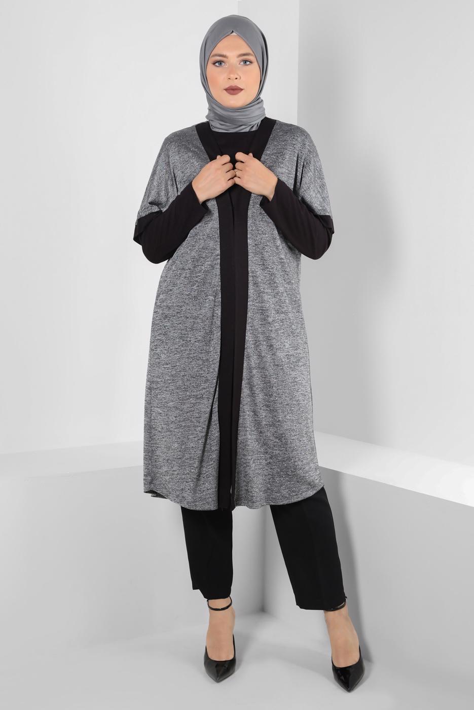 Vêtements hijab GRIS ALVINA TUNIQUE 2 PIÈCES RAYÉES AVEC GILET T 2851
