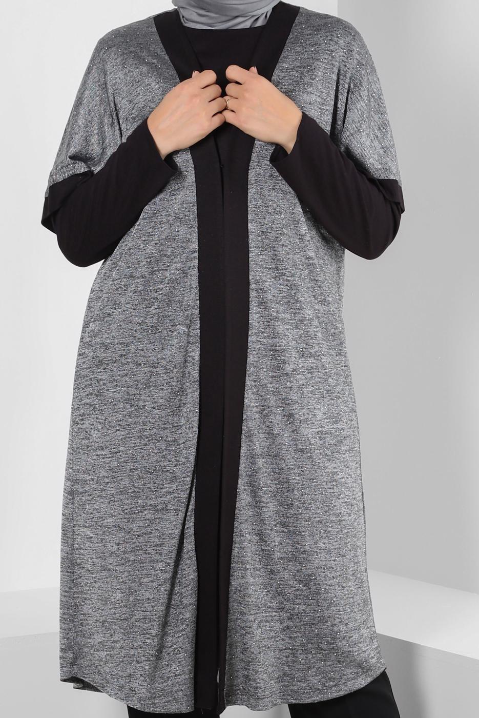 Vêtements hijab GRIS ALVINA TUNIQUE 2 PIÈCES RAYÉES AVEC GILET T 2851