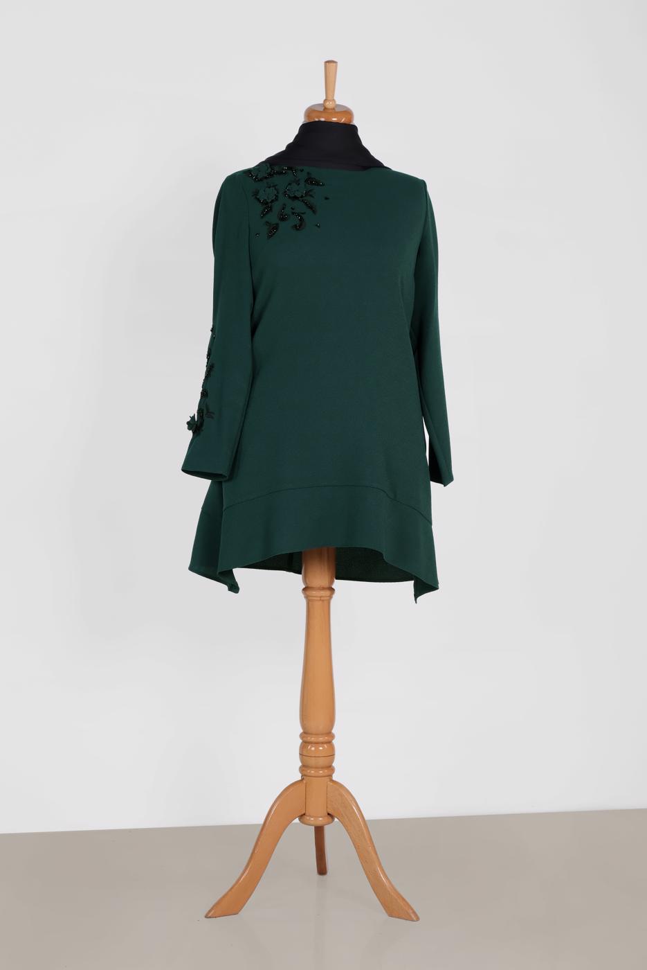 Tesettür giyim MAVİ ALVİNA BONCUK İŞLEMELİ KREP TUNİK 2853	