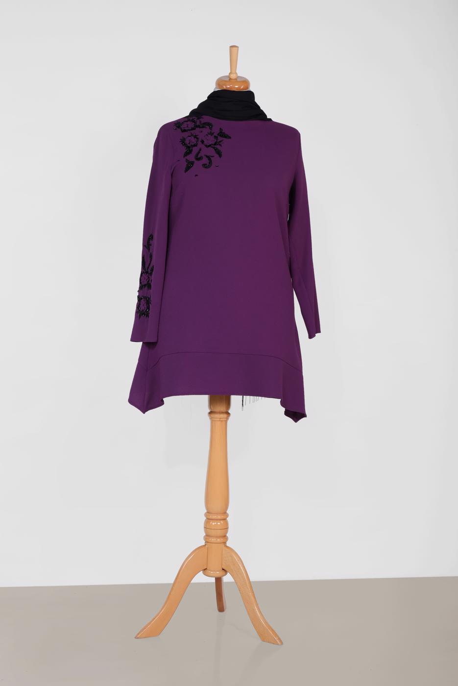 Tesettür giyim MOR ALVİNA BONCUK İŞLEMELİ KREP TUNİK 2853	
