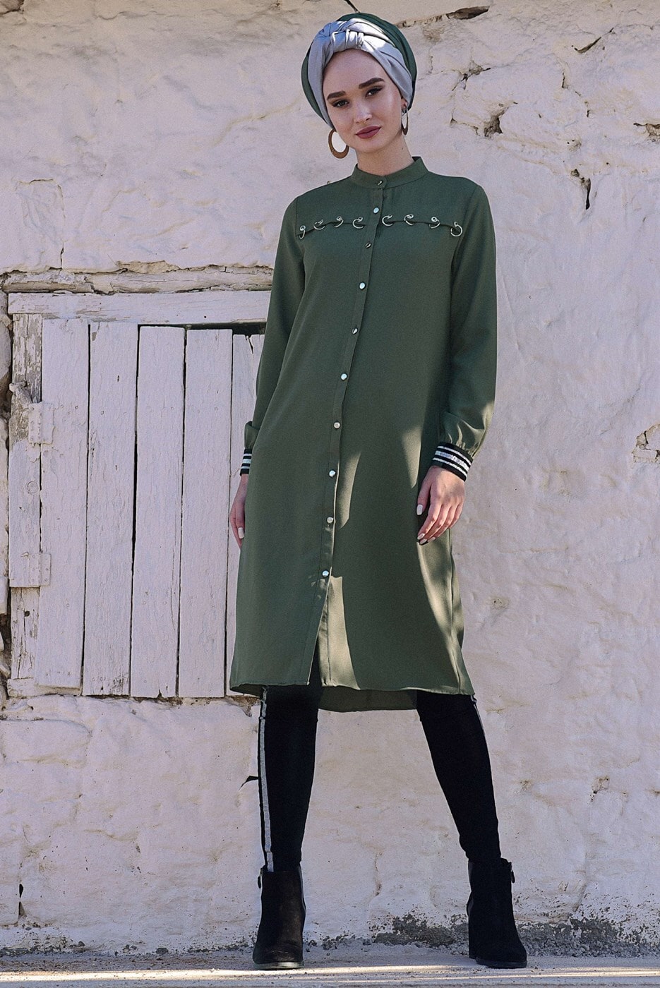 Tesettür giyim HAKİ KUŞGÖZ DETAYLI TUNİK 4406 