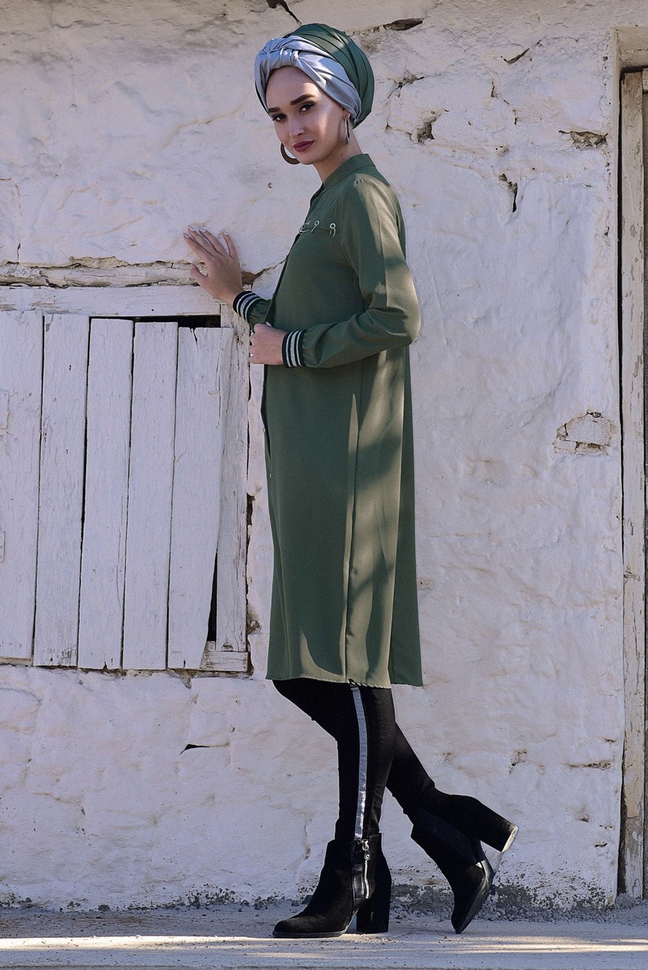 Tesettür giyim HAKİ KUŞGÖZ DETAYLI TUNİK 4406 