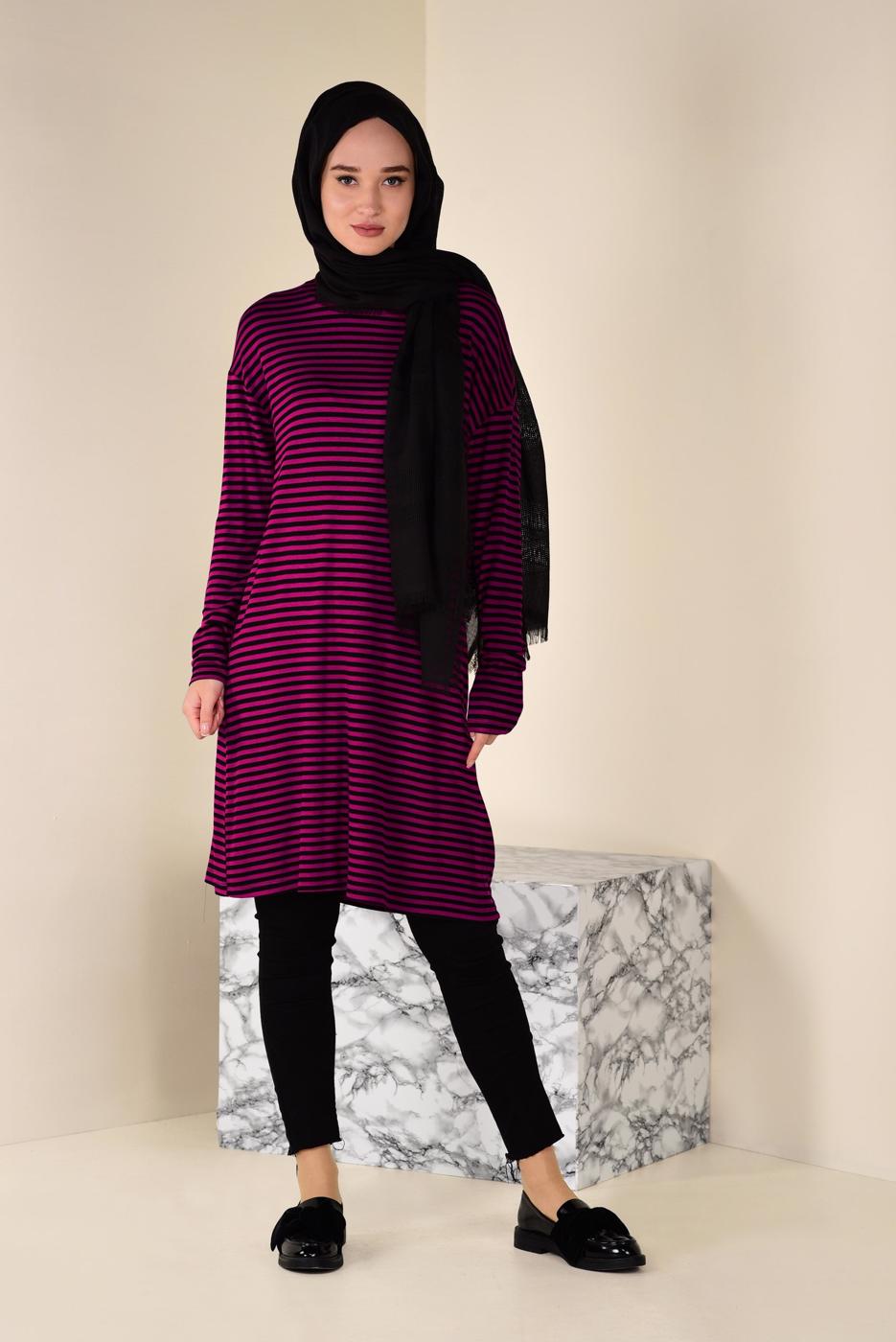 Tesettür giyim FUŞYA ALVİNA ÇİZGİLİ SALAŞ TUNİK T 4590