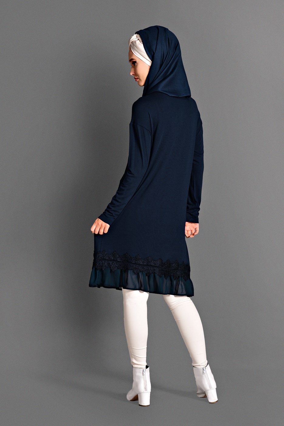 Tesettür giyim LACİVERT ETEK UCU DETAYLI PENYE TUNİK 4594 