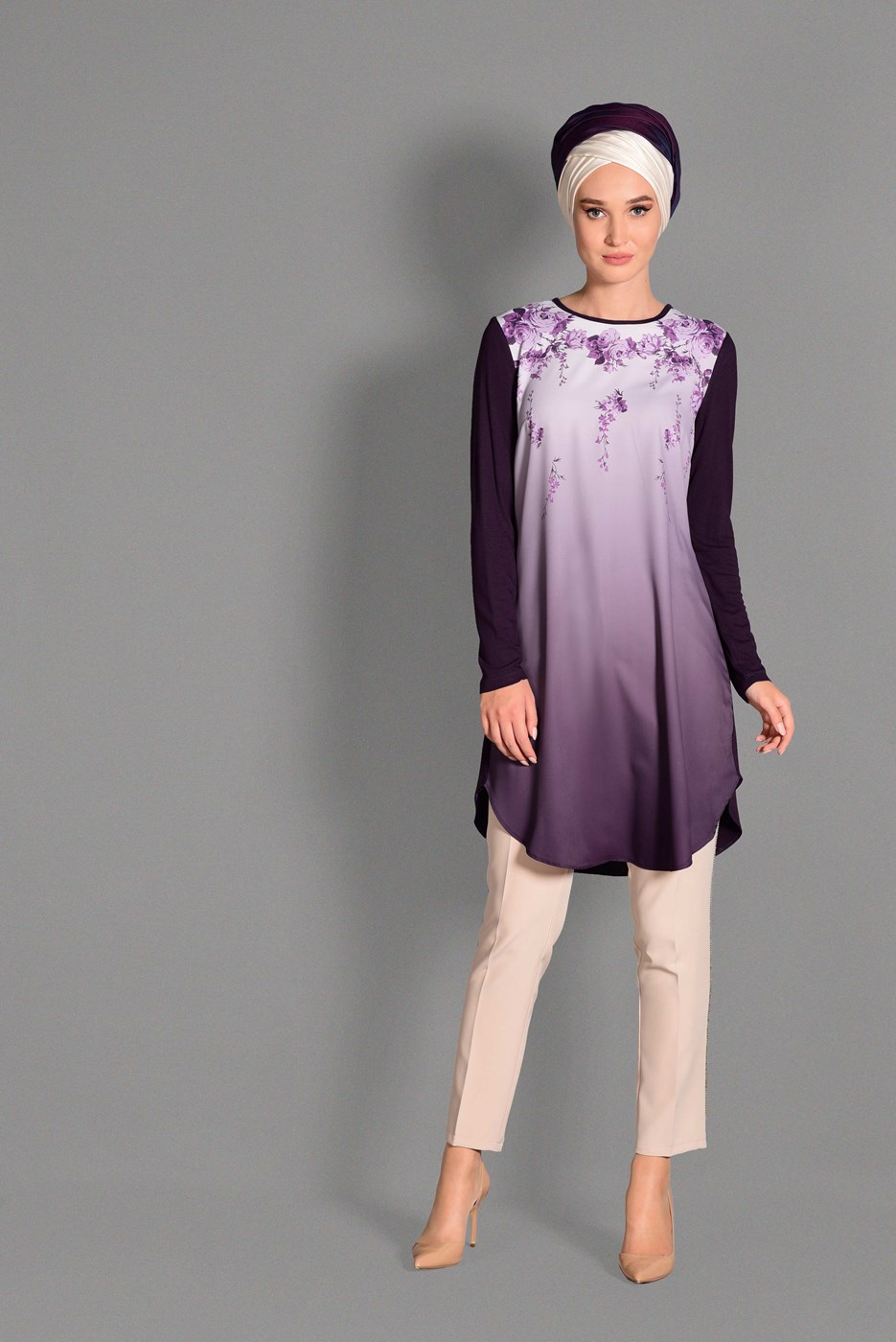 Tesettür giyim MOR BASKI DETAYLI BİSİKLET YAKA TUNİK 4623
