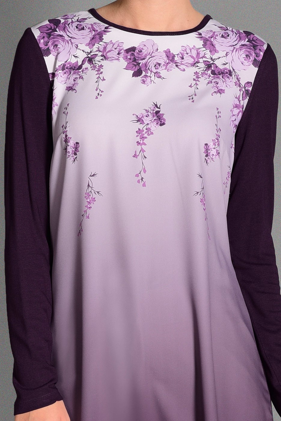 Tesettür giyim MOR BASKI DETAYLI BİSİKLET YAKA TUNİK 4623