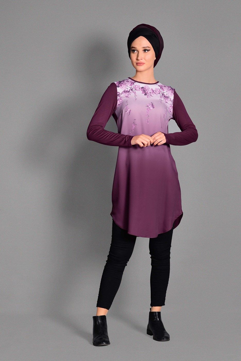 Tesettür giyim MOR BASKI DETAYLI BİSİKLET YAKA TUNİK 4623