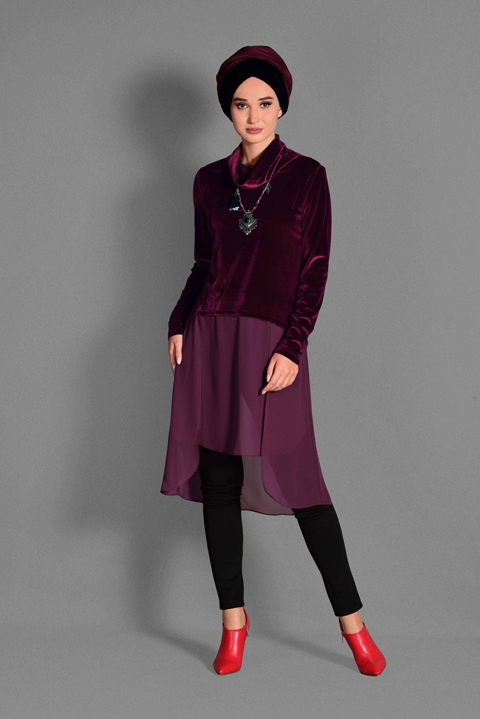 Tesettür giyim BORDO HAKİM YAKA ETEK UCU TÜL KADİFE TUNİK 4678 