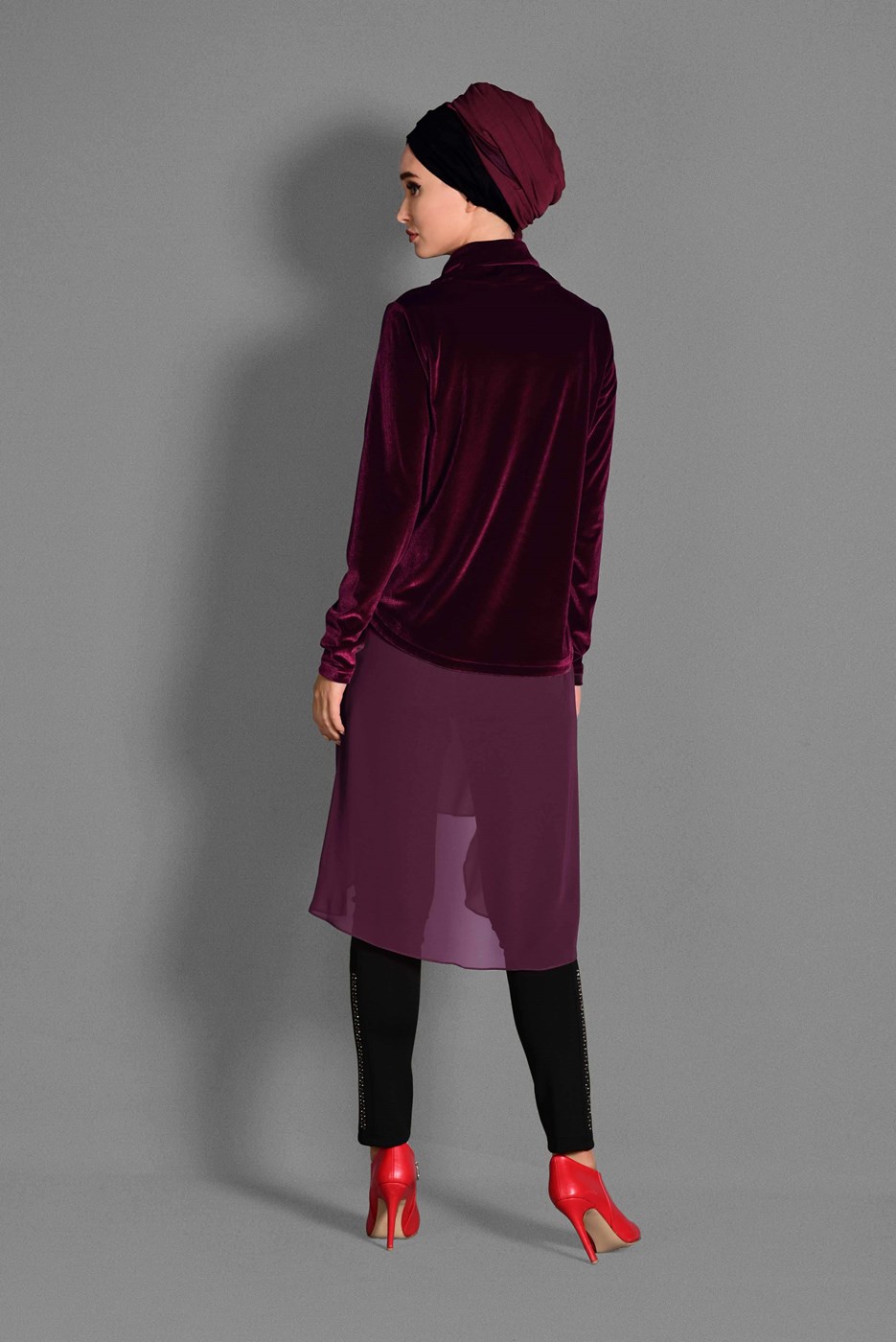 Tesettür giyim BORDO HAKİM YAKA ETEK UCU TÜL KADİFE TUNİK 4678 