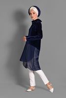 Tesettür giyim LACİVERT HAKİM YAKA ETEK UCU TÜL KADİFE TUNİK 4678 