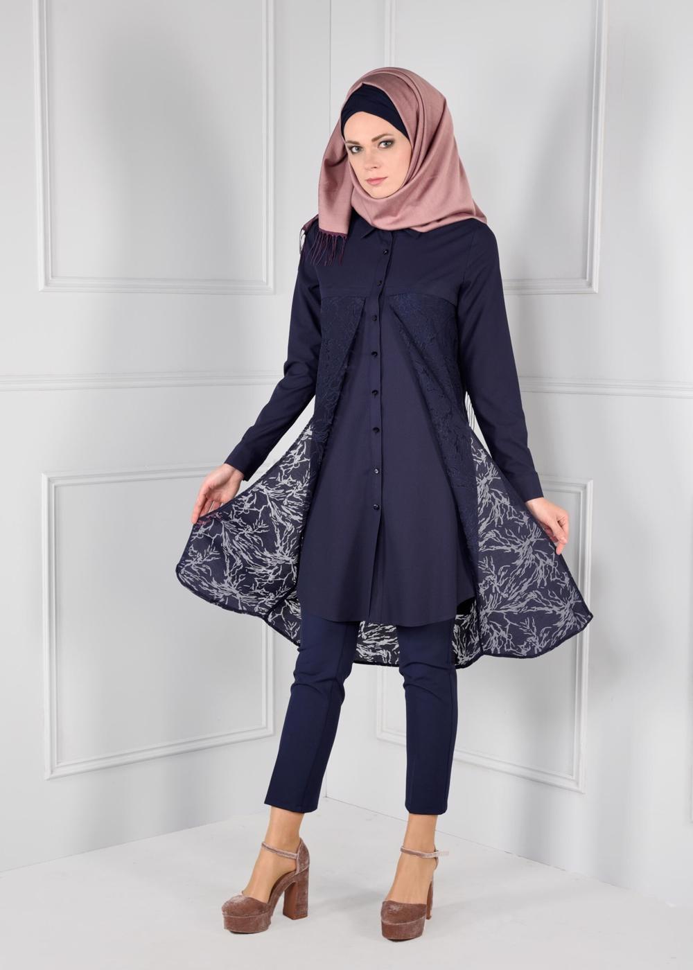 Tesettür giyim LACİVERT GÖMLEK YAKA TUNİK T 4685