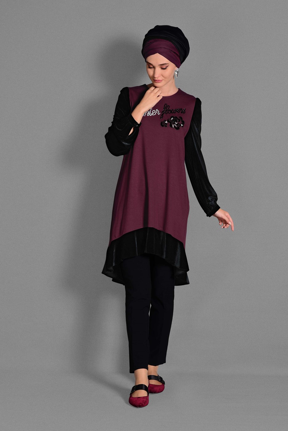 Tesettür giyim BORDO KADİFE KUMAŞ DETAYLI TUNİK 4732 