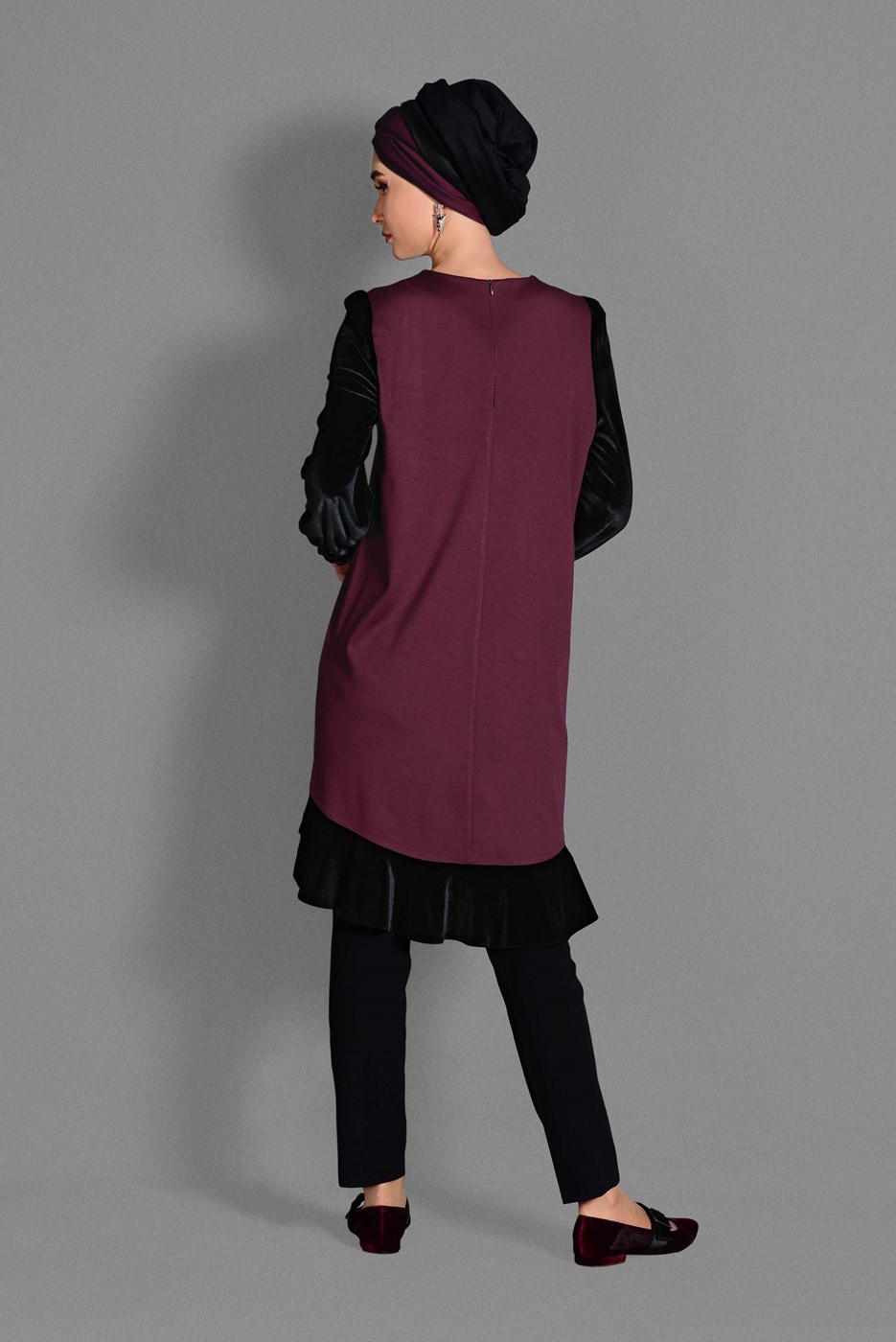 Tesettür giyim BORDO KADİFE KUMAŞ DETAYLI TUNİK 4732 