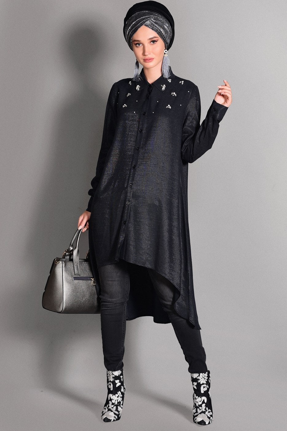 Tesettür giyim SİYAH GENİŞ KESİM SİMLİ TUNİK 4782 