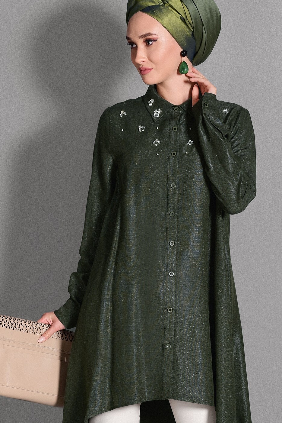 Tesettür giyim HAKİ GENİŞ KESİM SİMLİ TUNİK 4782 