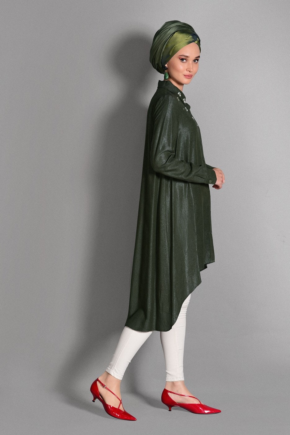 Tesettür giyim HAKİ GENİŞ KESİM SİMLİ TUNİK 4782 