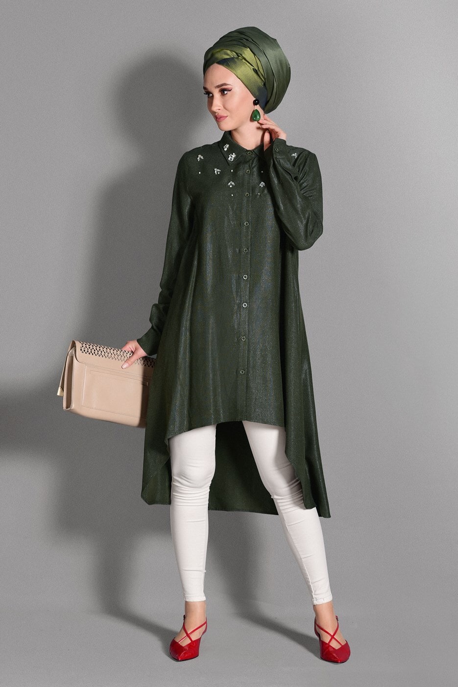 Tesettür giyim HAKİ GENİŞ KESİM SİMLİ TUNİK 4782 